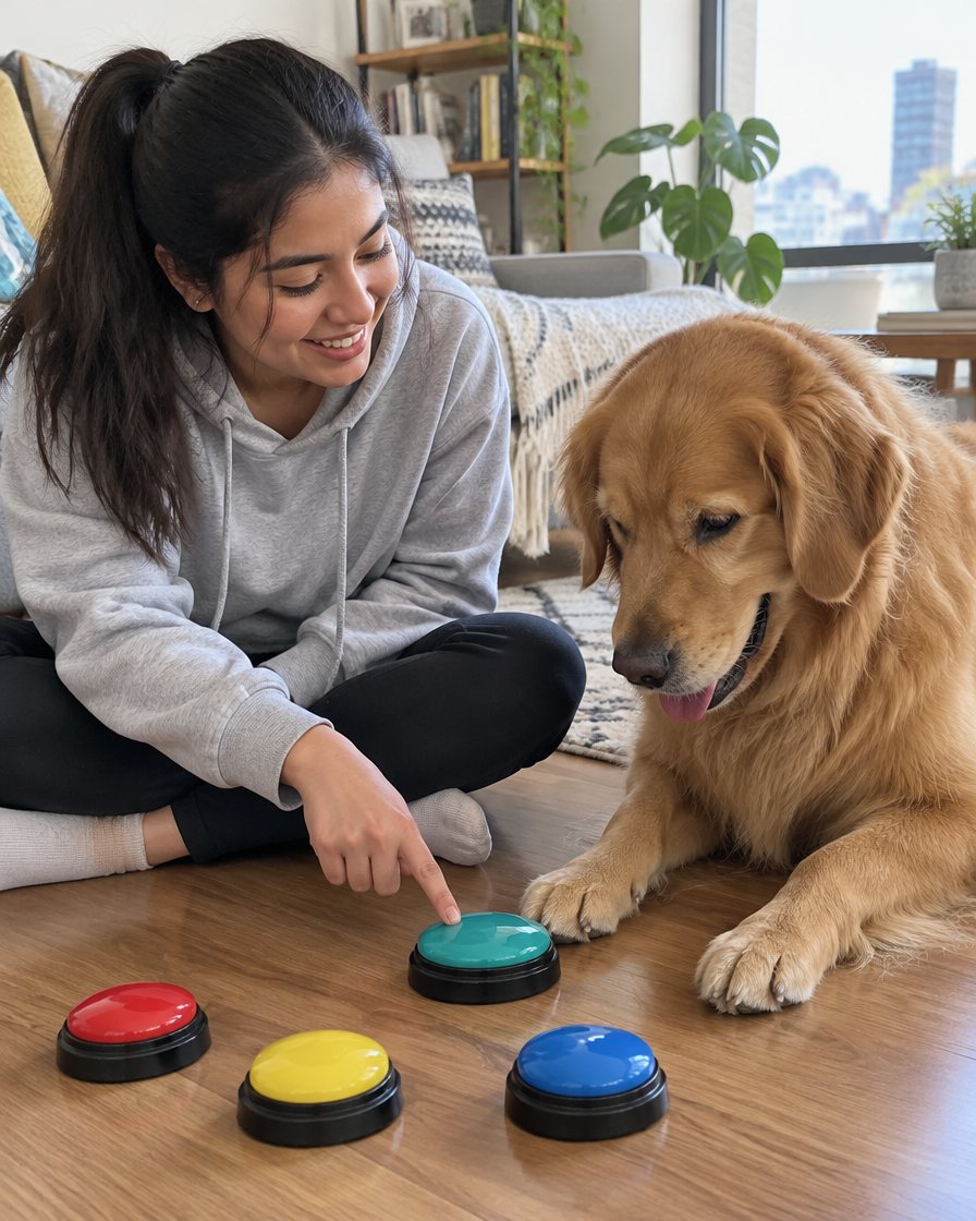 Joven enseñando a su perro a usar los botones DimeGuau
