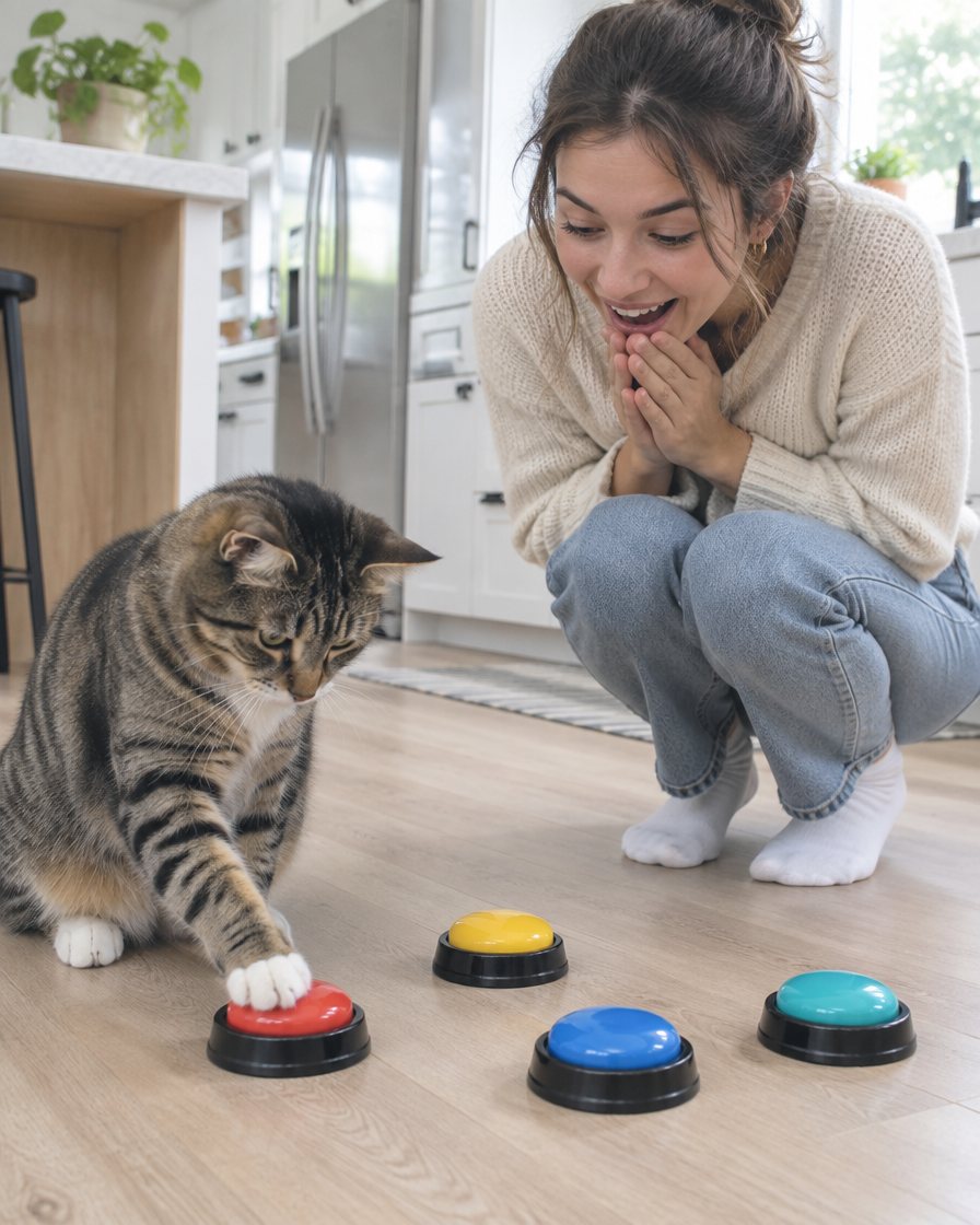 Gato presionando un botón en la cocina