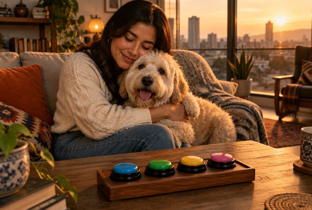 Joven abrazando a su perro en el sillón