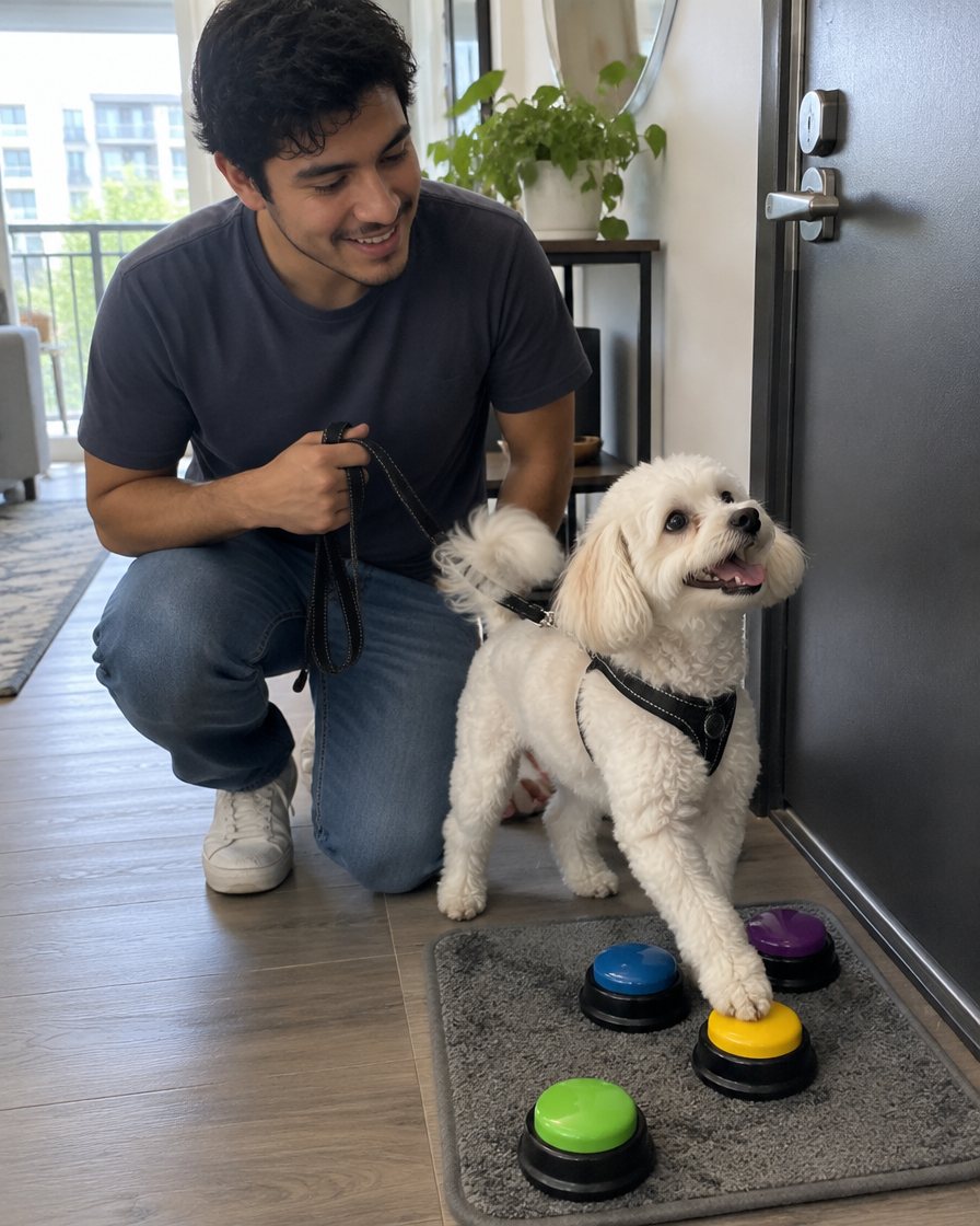 Perro presionando un botón para salir a pasear