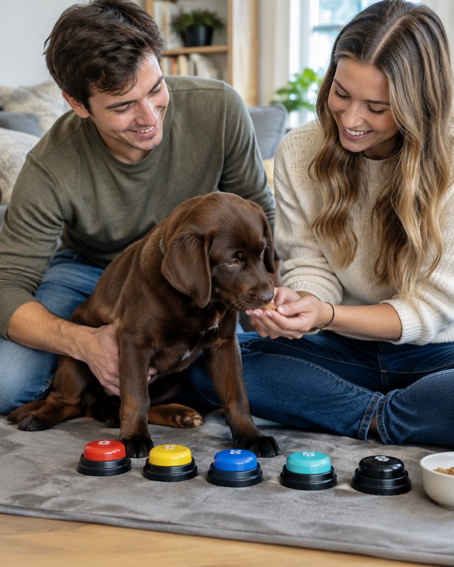 Pareja joven ensenando botones a su cachorro