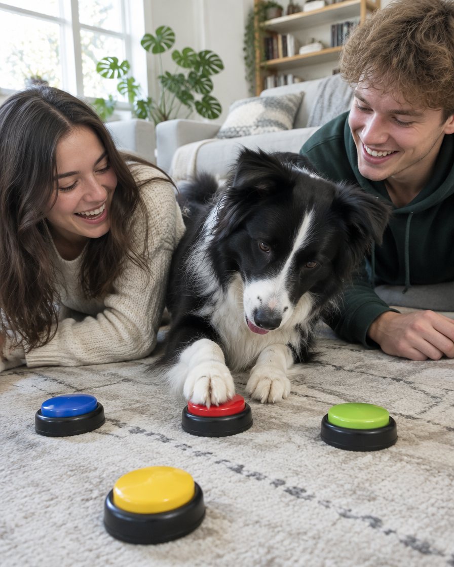 Amigos jóvenes con su perro y los botones